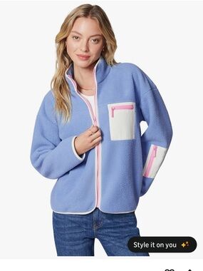Women’s Light Blue Sherpa Zip Jacket with Pink Trim